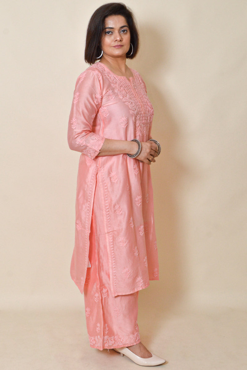 Peach color muslin Silk Lucknowi Chikankari Kurta Bottom set