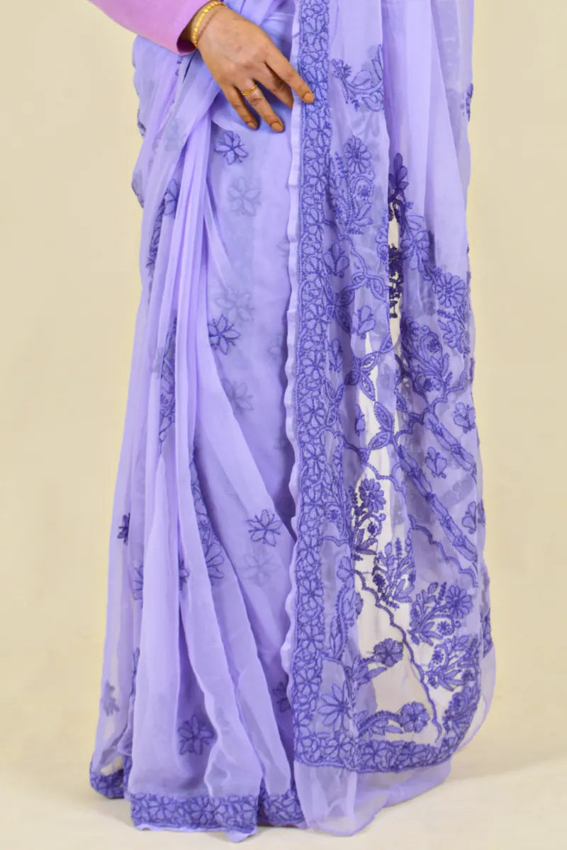 Lavender Colour Georgette Lucknowi Chikankari Saree With Blouse