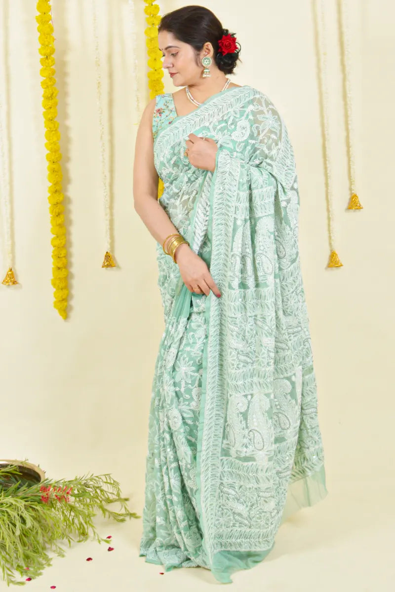 Fabnuma Handcrafted Pista Green Georgette Chikankari Saree-Blouse