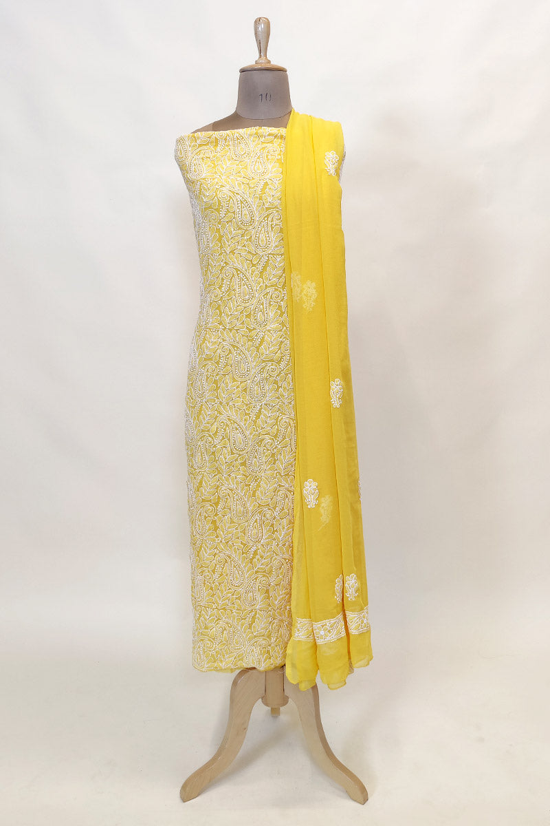 Yellow Colour Georgette Lucknowi Chikankari 3pcs Unstiched Suit Set