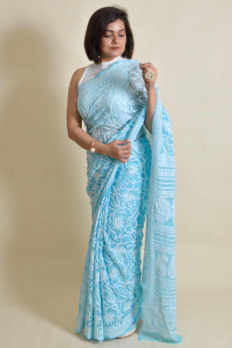 Sky Blue Colour Georgette Lucknowi Chikankari Saree With Blouse