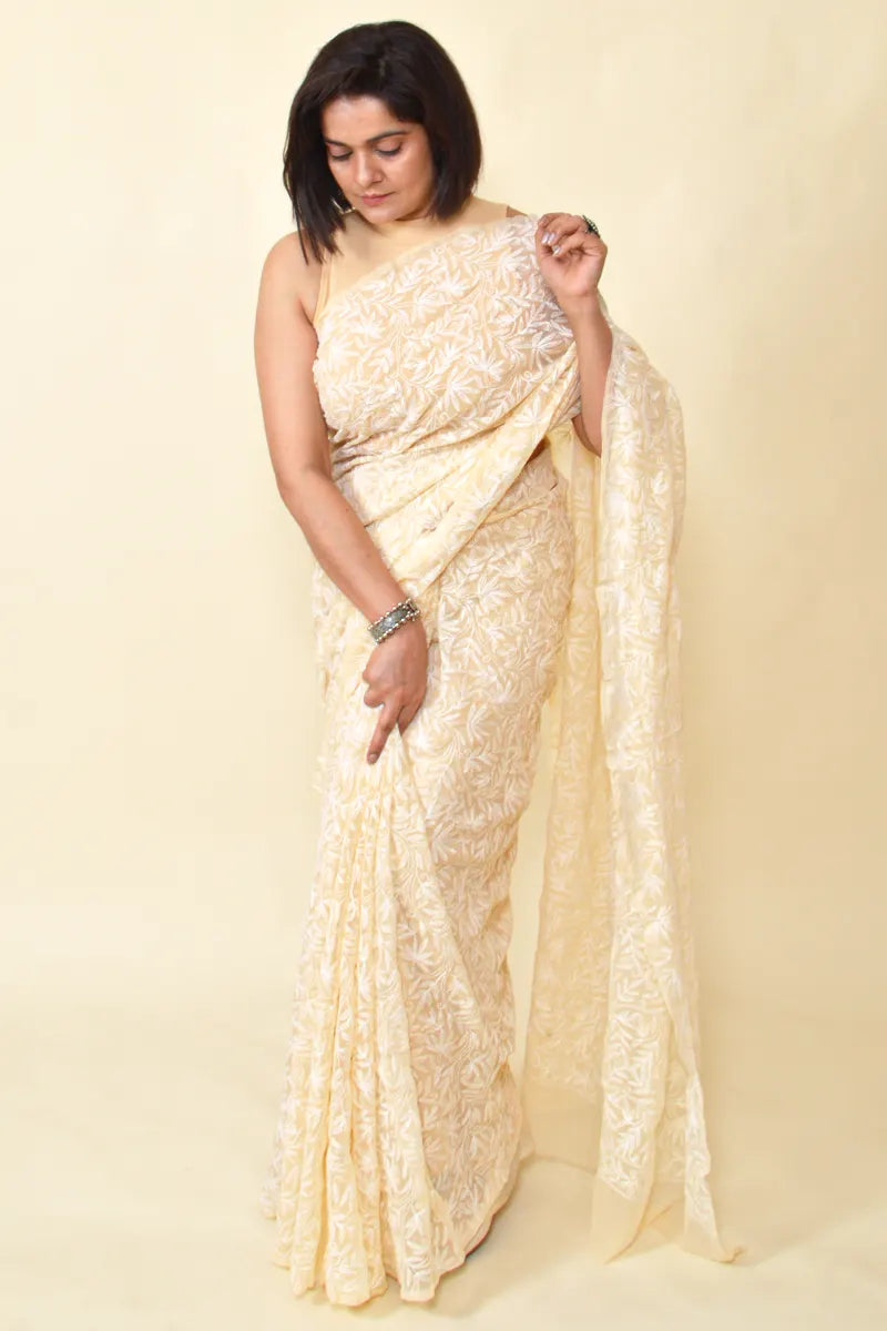 Fawn Colour Georgette Tepchi Work Lucknowi Chikankari Saree With Blouse