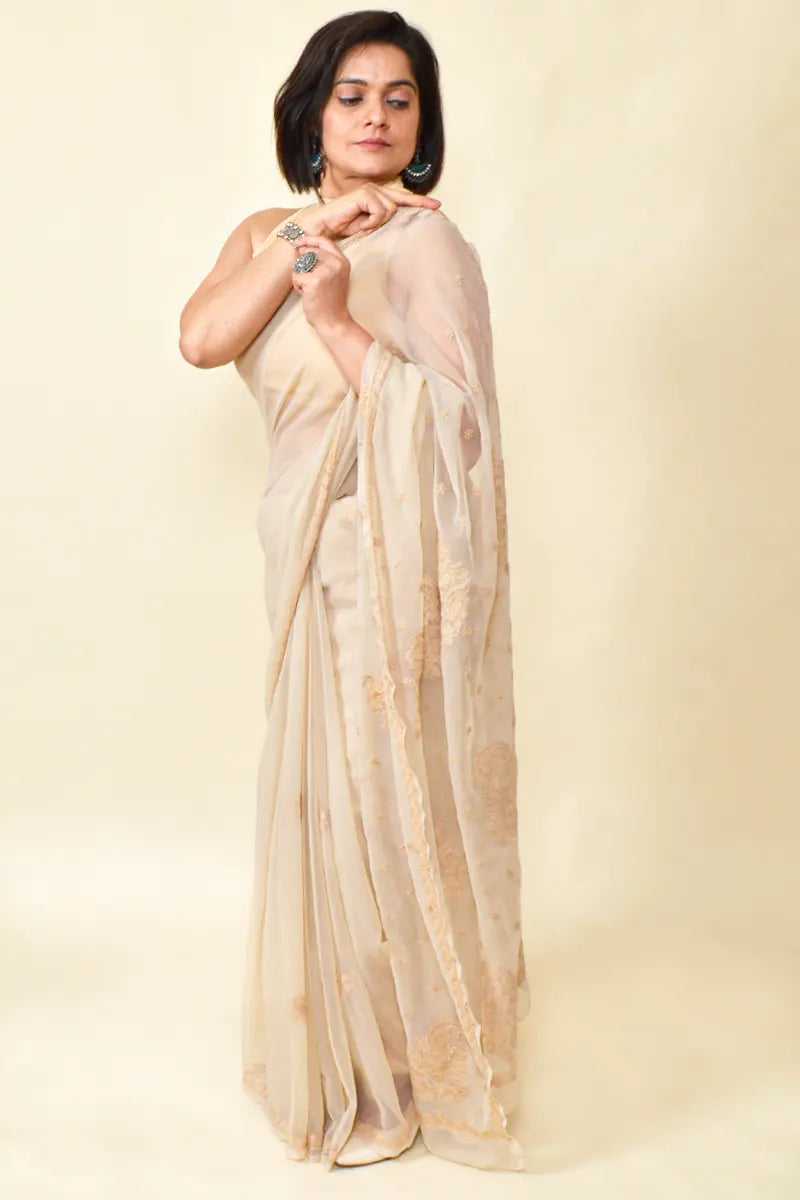 Beige Colour Georgette Lucknowi Chikankari Saree With Blouse