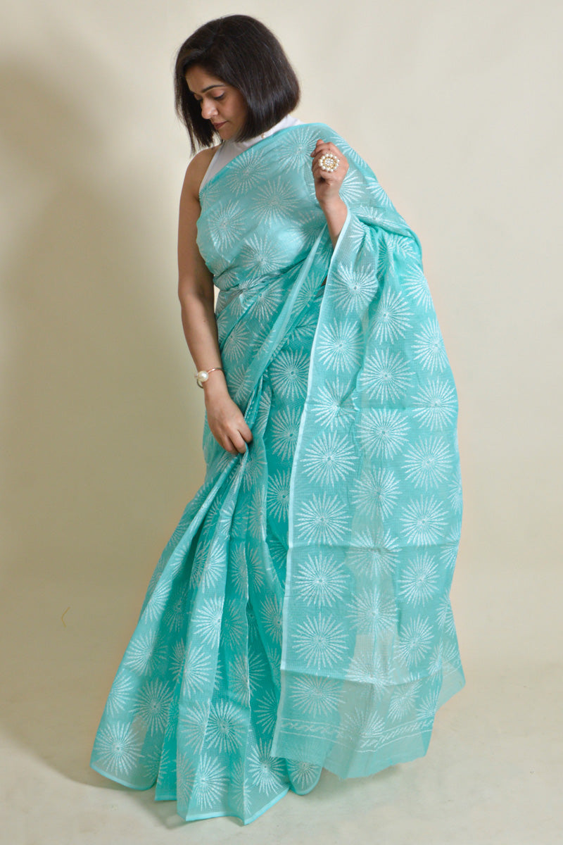 Sea Green Colour Kota Cotton Lucknowi Chikankari Saree With Blouse