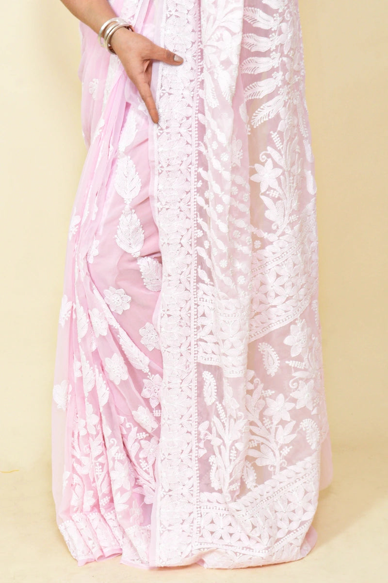 Pink Colour Georgette Lucknowi Chikankari Saree With Blouse