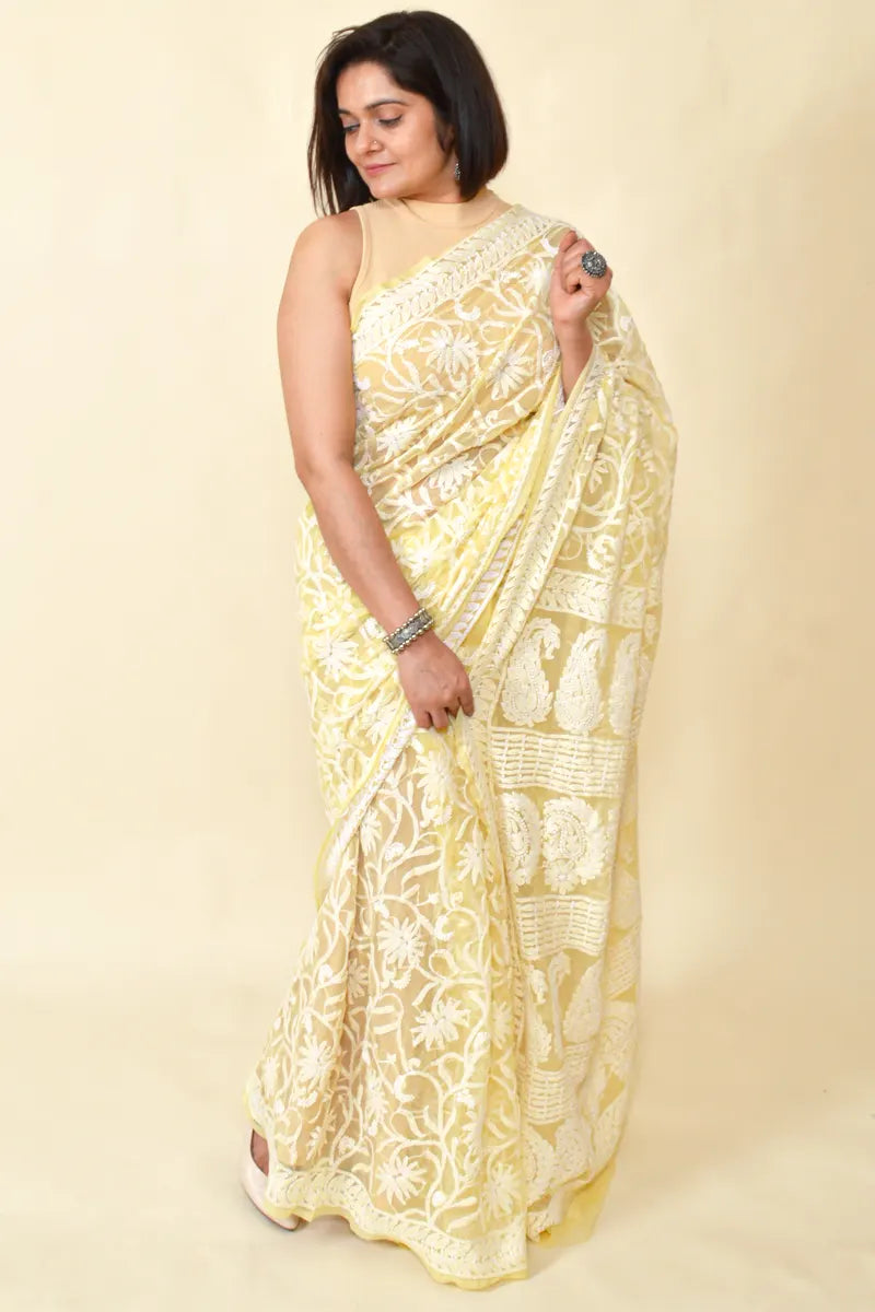 Fawn Colour Georgette  Lucknowi Chikankari Saree With Blouse