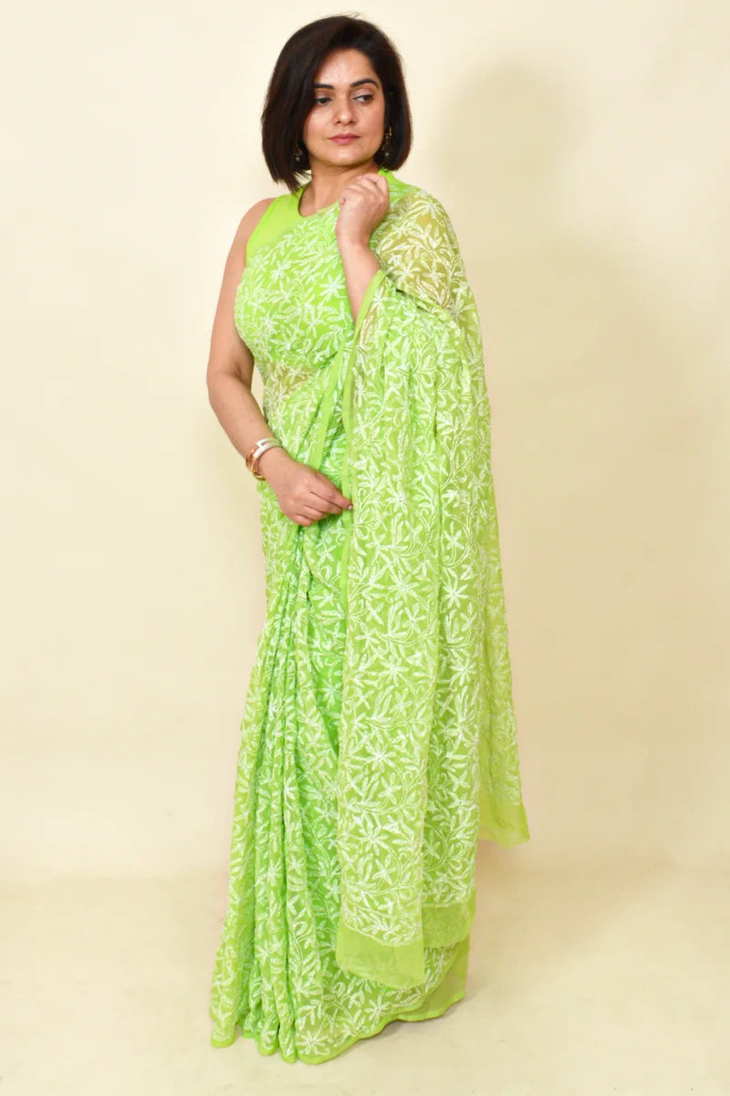 Light Green Colour Georgette Tepchi Work Lucknowi Chikankari Saree With Blouse