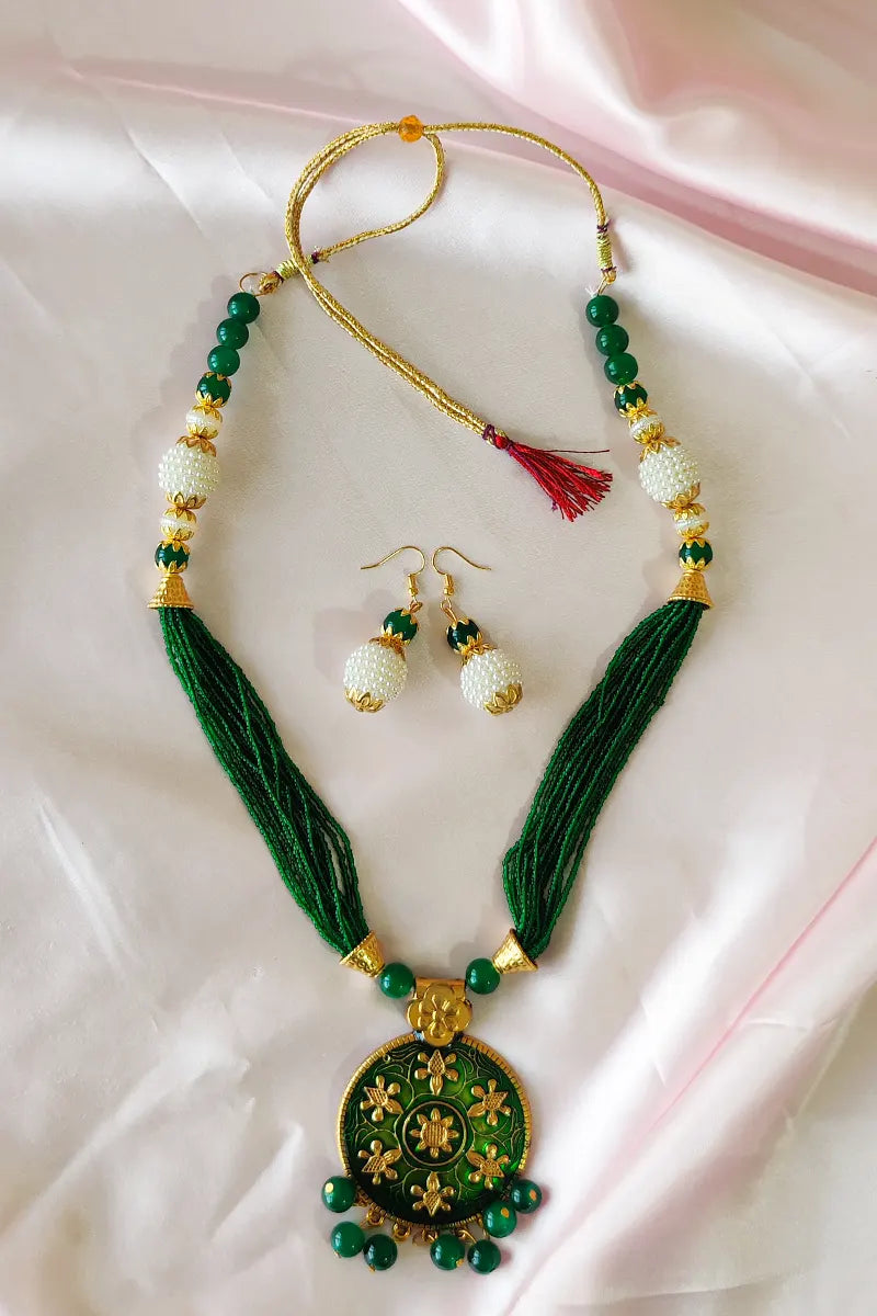 Green Color Golden Oxidize Plated Pendant Neckpiece  With Dangle Earrings