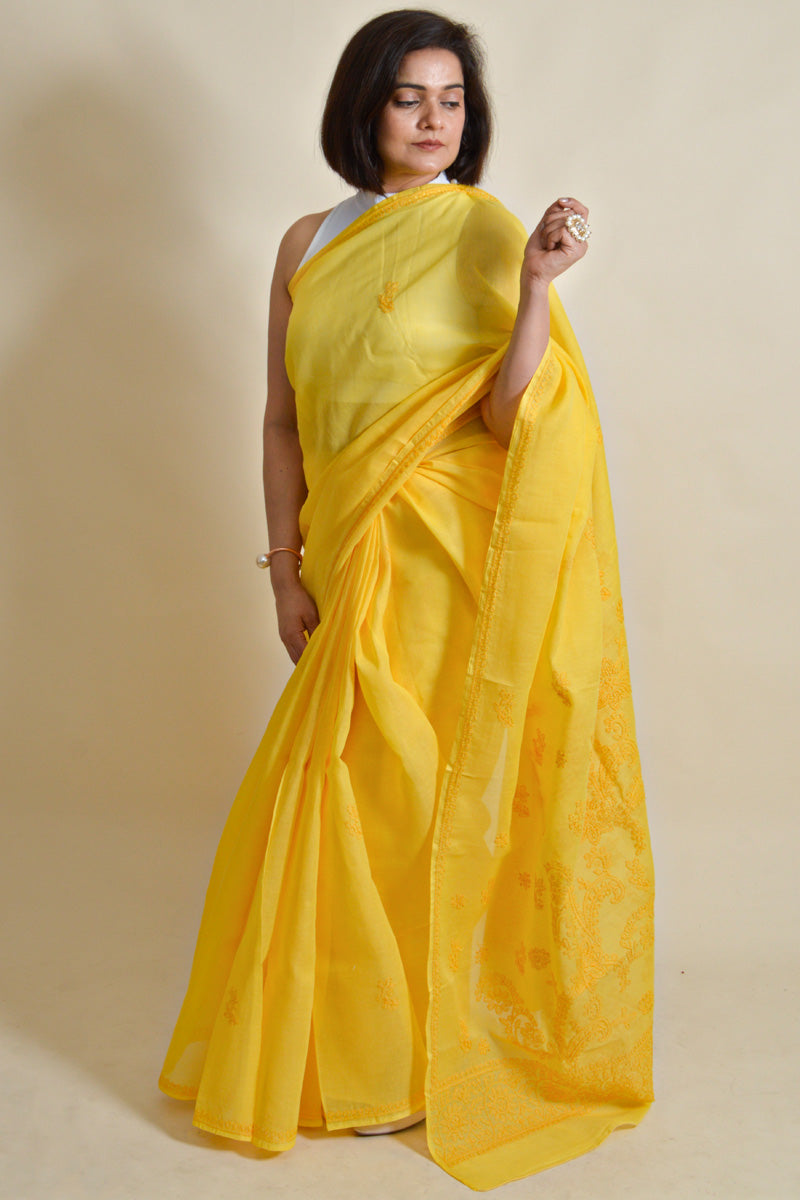 Yellow Colour Cotton Lucknowi Chikankari Saree With Blouse