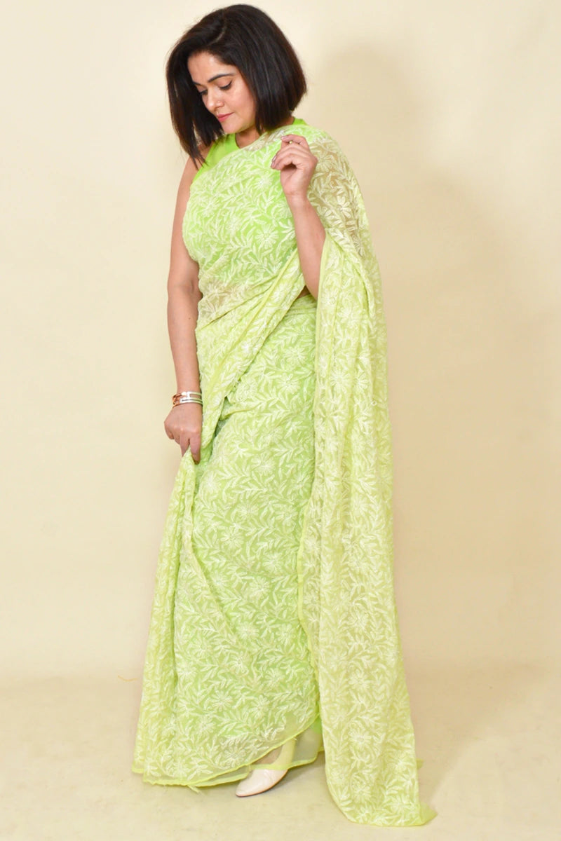 Green Colour Georgette Tepchi Work Lucknowi Chikankari Saree With Blouse