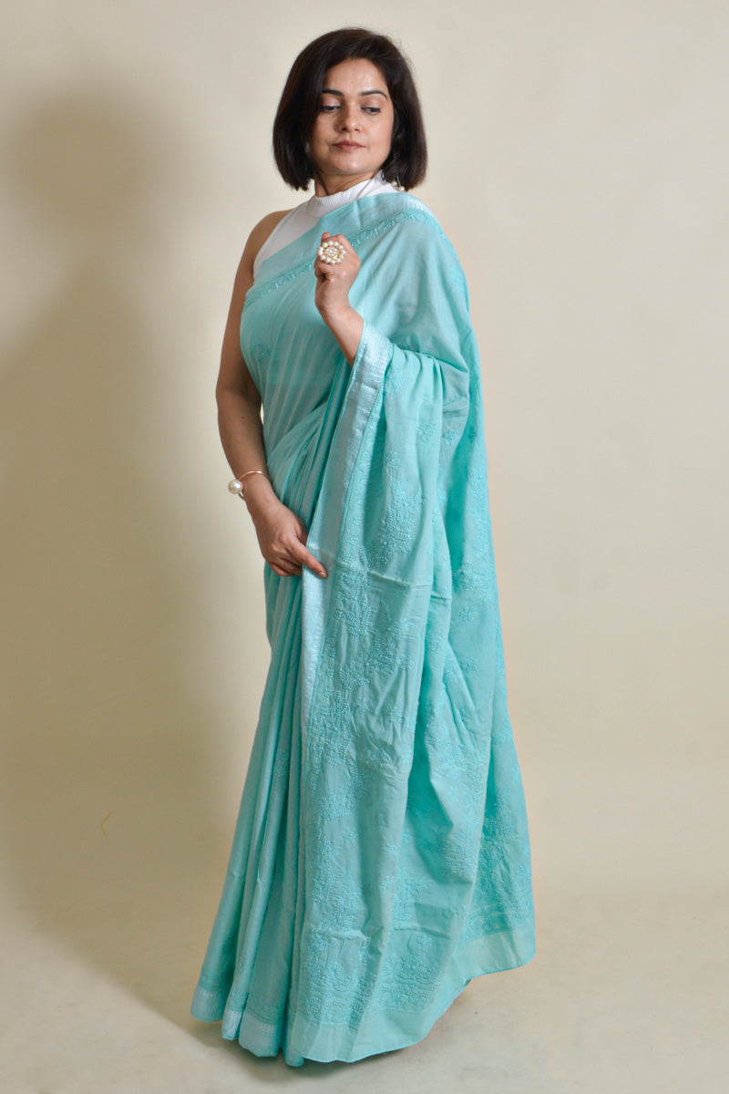 Sea Green Colour Mulmul Cotton Lucknowi Chikankari Saree With Blouse