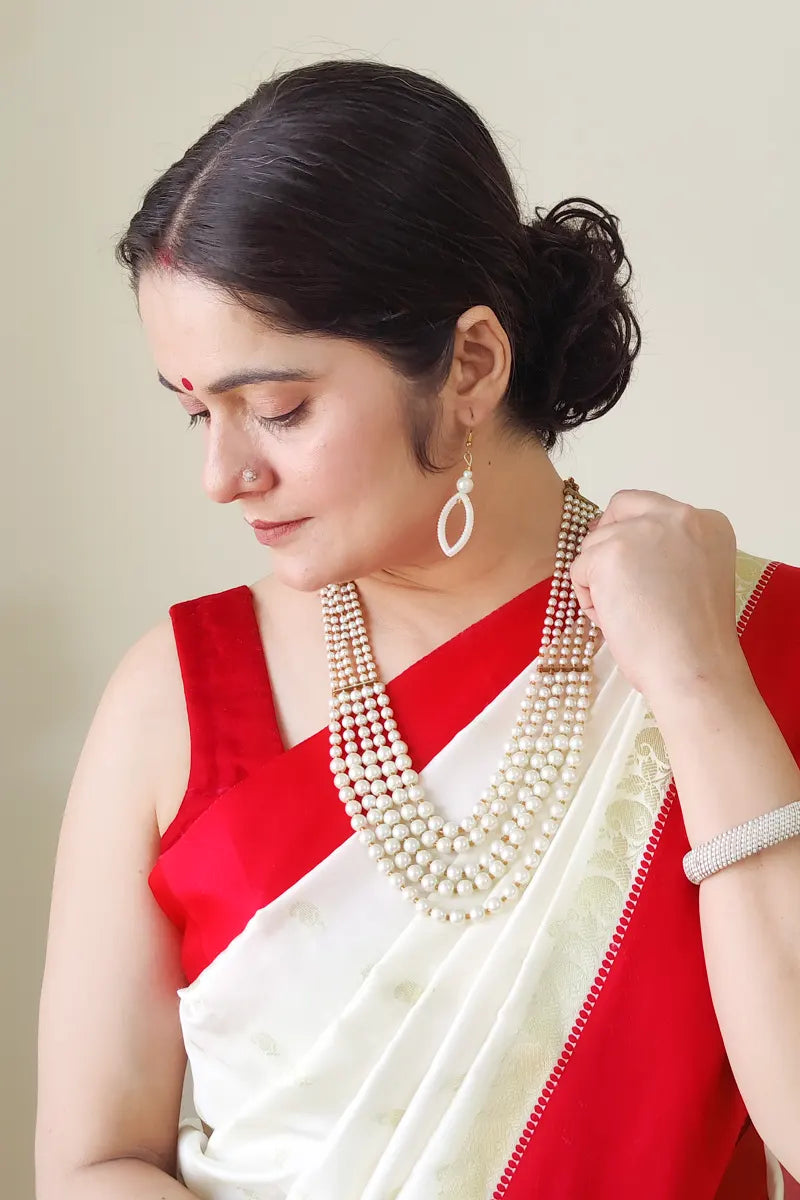 White Color  Pearl Layer Neckpiece  With Dangle Earrings