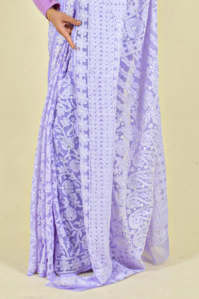 Fabnuma Handcrafted Lavender Georgette Chikankari Saree-Blouse