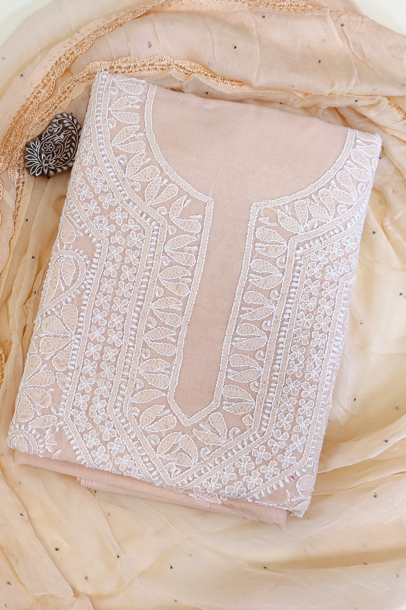 Peach Colour Cotton Lucknowi Chikankari 3pcs Unstiched Suit Set