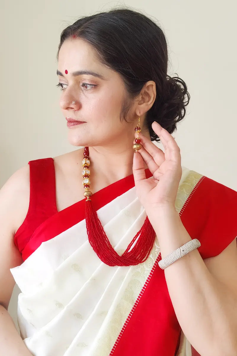 Red & Golden Beads Color  Layer Neckpiece  With Dangle Earrings