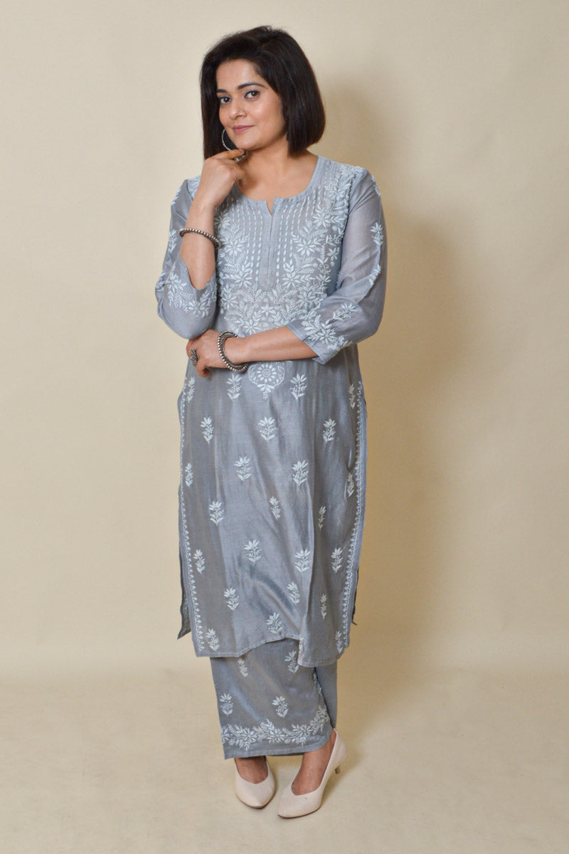 Gray Color Muslin Silk Lucknowi Chikankari Kurta Bottom Set