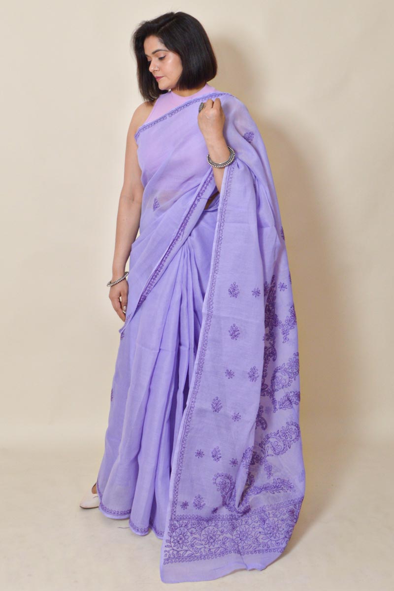 Lavender Colour Cotton  Lucknowi Chikankari saree with Blouse