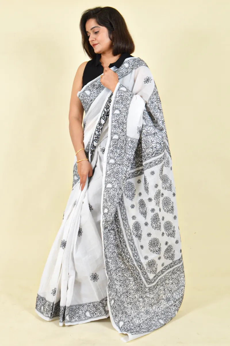 White Colour Cotton Lucknowi Chikankari Saree With Blouse