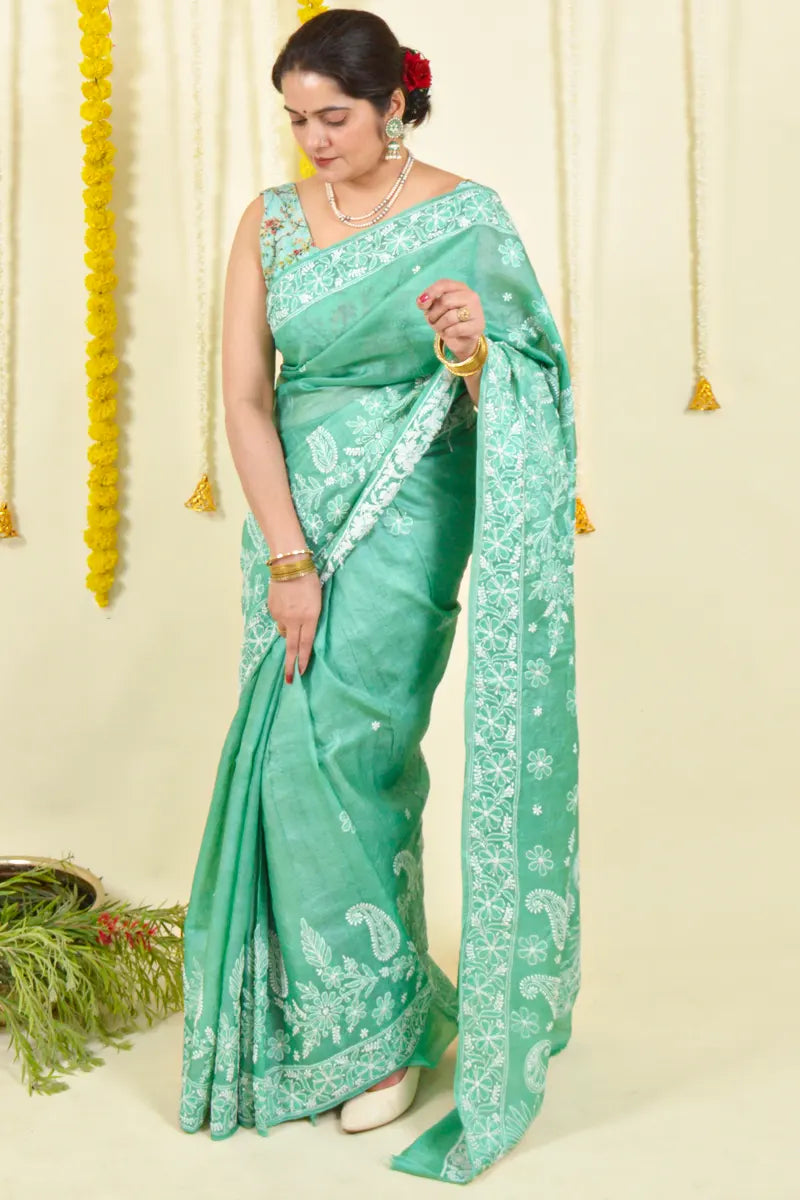 Green Colour Tussar Silk  Lucknowi Chikankari Saree With Blouse