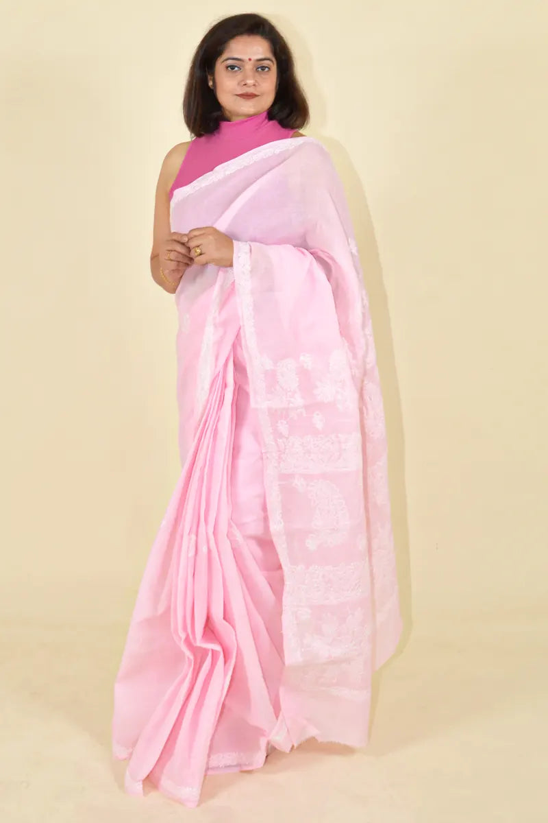 Pink Colour Cotton  Lucknowi Chikankari Saree With Blouse