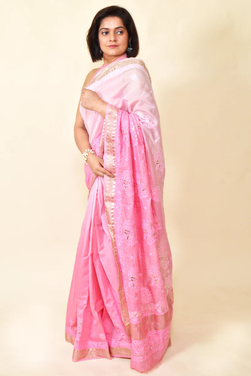 Pink Shaded Colour Chanderi  Lucknowi Chikankari Saree With Blouse