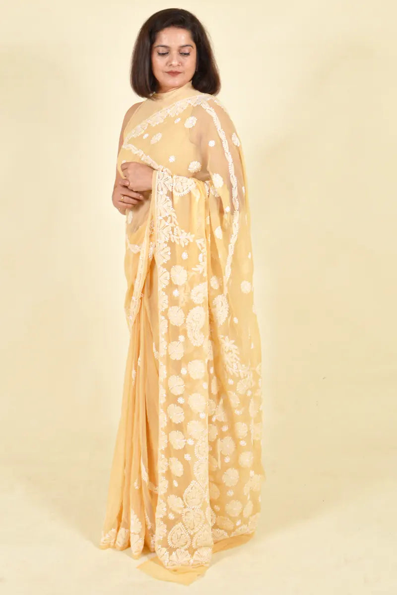 Beige Colour Georgette Lucknowi Chikankari Saree With Blouse