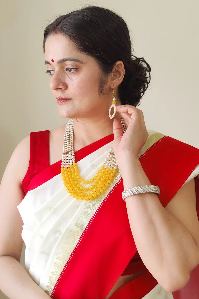 Yellow & White Color  Layer Necklace  With Dangle Earrings