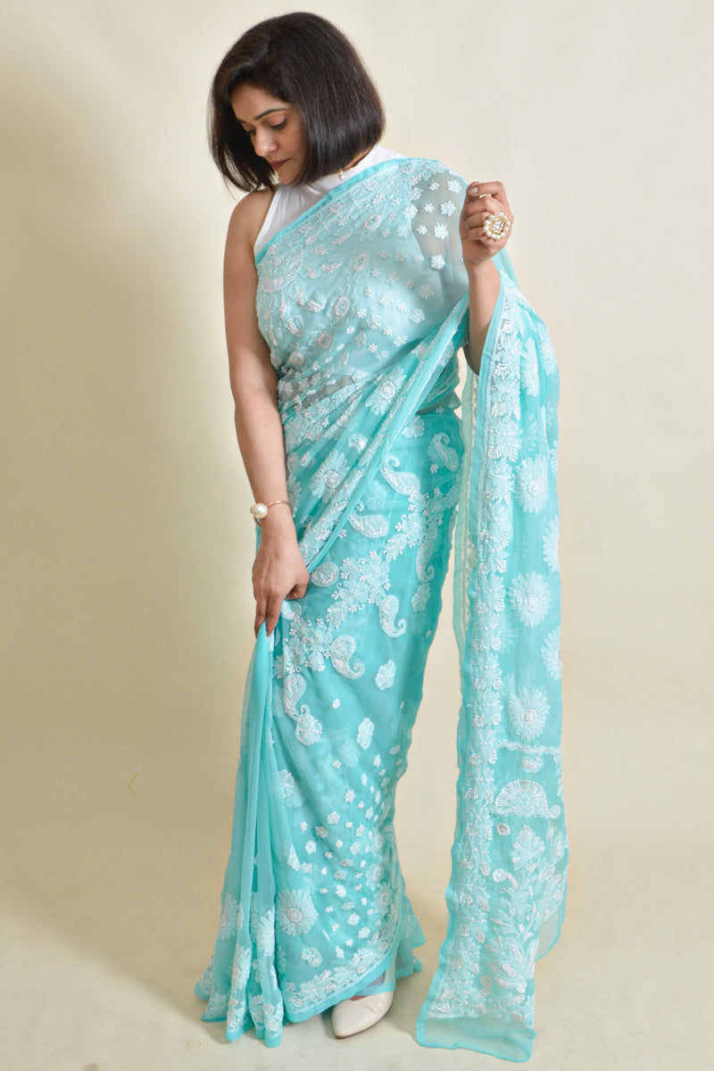 Aqua Green Colour Georgette Lucknowi Chikankari Saree With Blouse