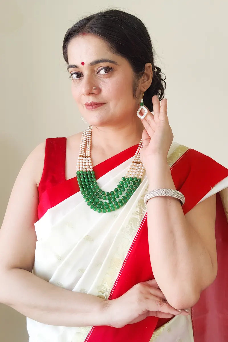 Green & White Color  Layers Necklace  With Dangle Earrings