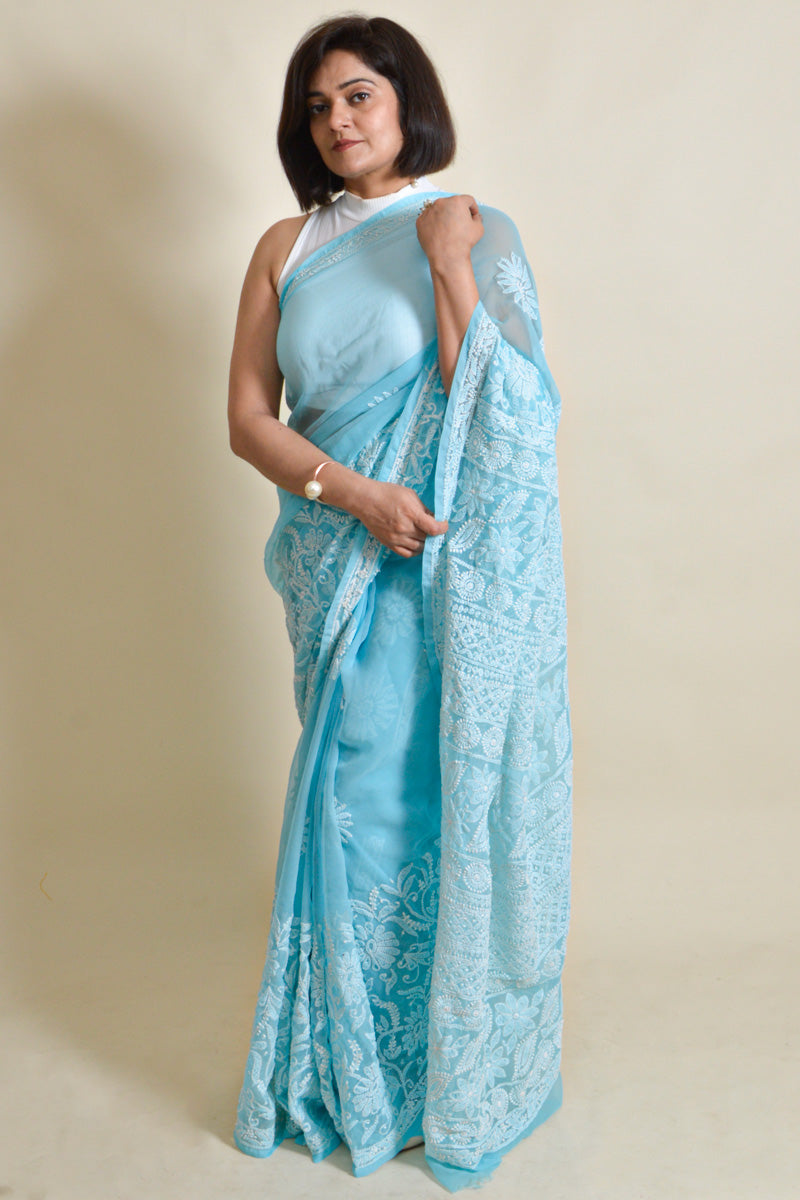 Sky Blue Colour Georgette Lucknowi Chikankari Saree With Blouse