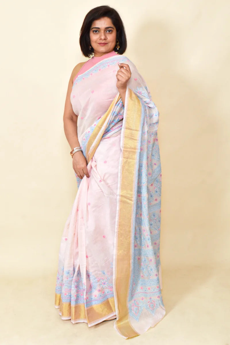 Pastel Pink Colour Chanderi Lucknowi Chikankari Saree With Blouse