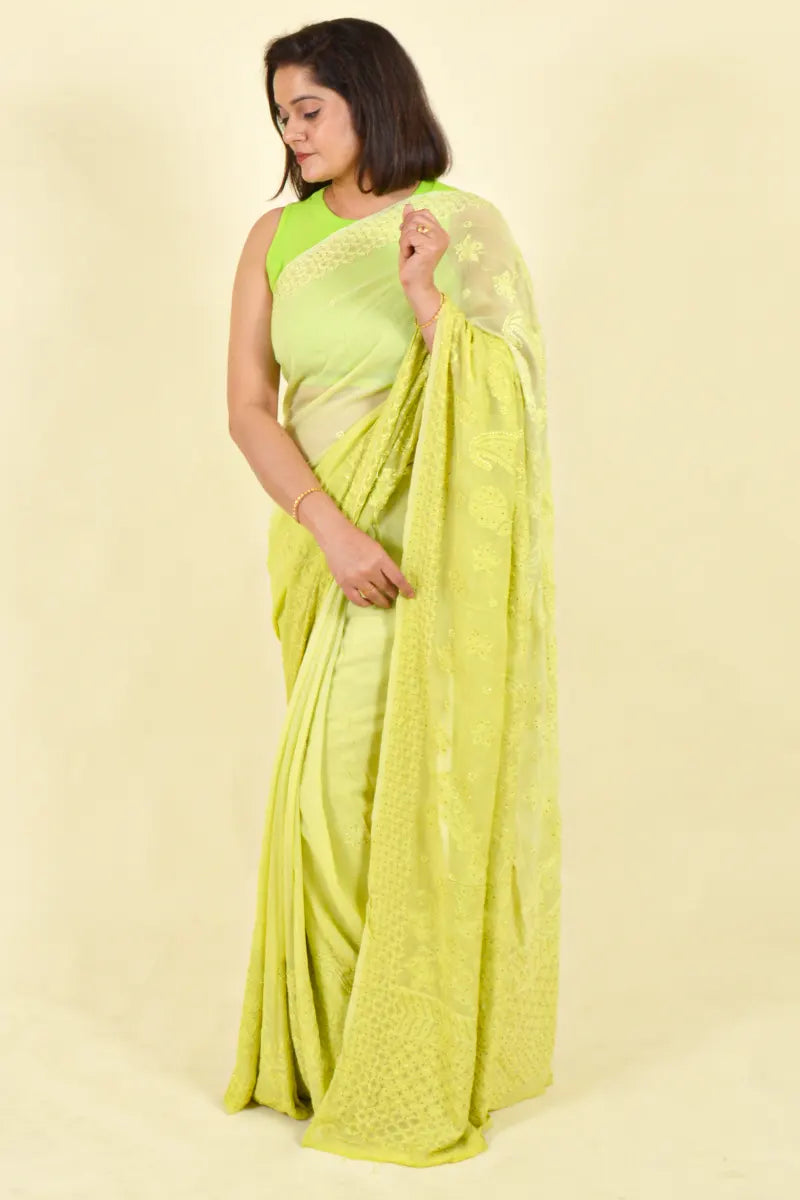 Green Colour Viscose Lucknowi Chikankari Saree With Blouse