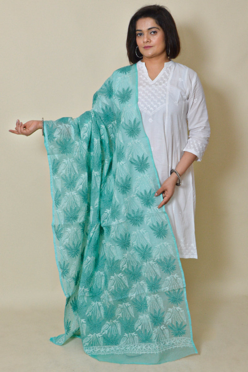 Sea Green Color Kota Cotton Lucknowi Chikankari Dupatta