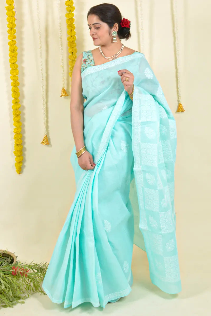 Sea Green Colour Cotton Lucknowi Chikankari Saree With Blouse