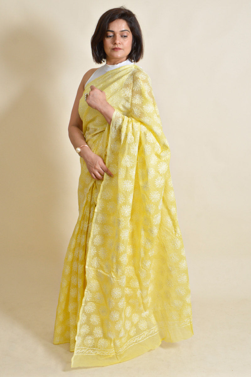 Lemon Colour Kota Cotton Lucknowi Chikankari Tepchi Saree With Blouse