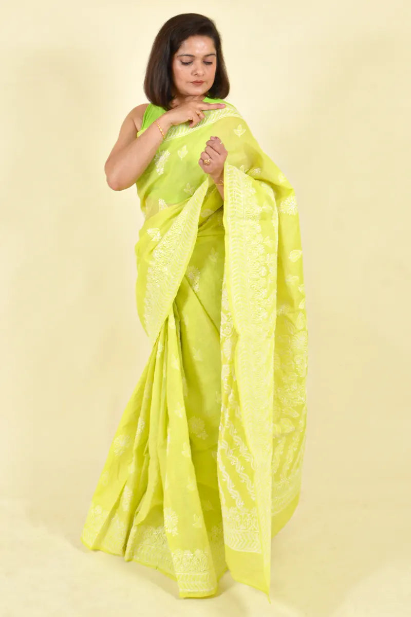 Lemon Green Colour Cotton Lucknowi Chikankari Saree With Blouse