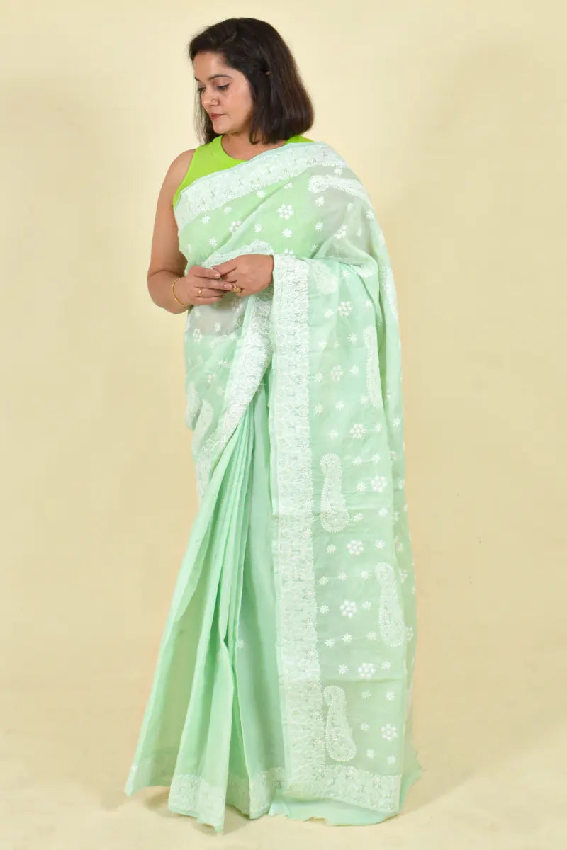 Fabnuma Handcrafted Mint Green Cotton Chikankari Saree-Blouse