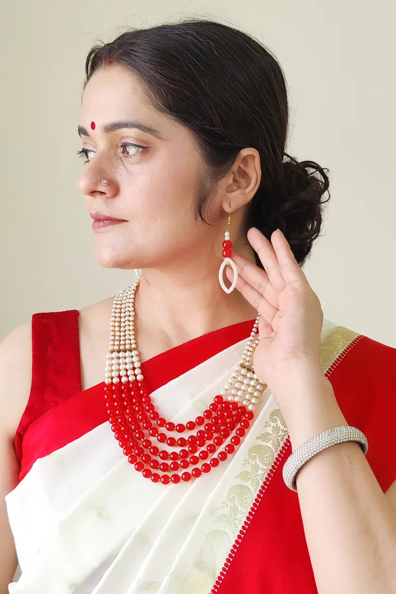 Red & White Color Beaded Layer Neckpiece  With Dangle Earrings