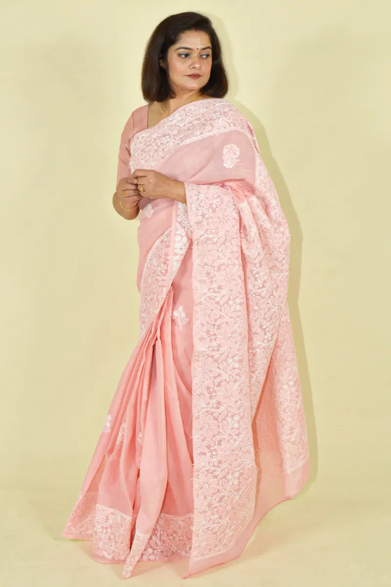 Fabnuma Handcrafted Peach Cotton Chikankari Saree-Blouse