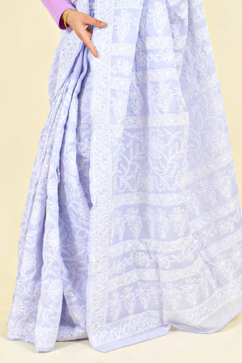 Lavender Colour Cotton Lucknowi Chikankari Saree With Blouse