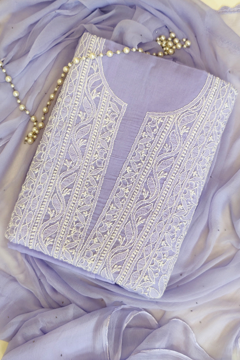 Lavender Colour Cotton Lucknowi Chikankari 3pcs Unstiched Suit Set