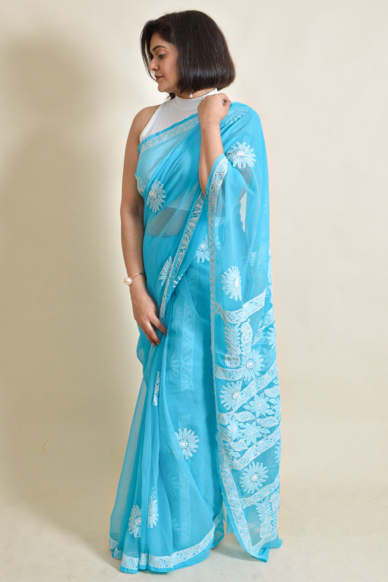 Aqua Blue Georgette Lucknowi Chikankari Saree With Blouse