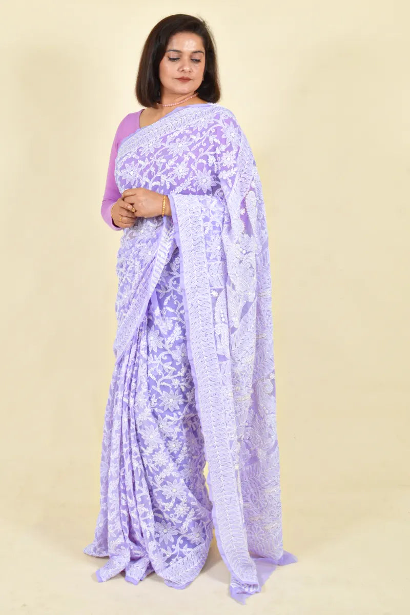 Fabnuma Handcrafted Lavender Georgette Allover Chikankari Saree-Blouse