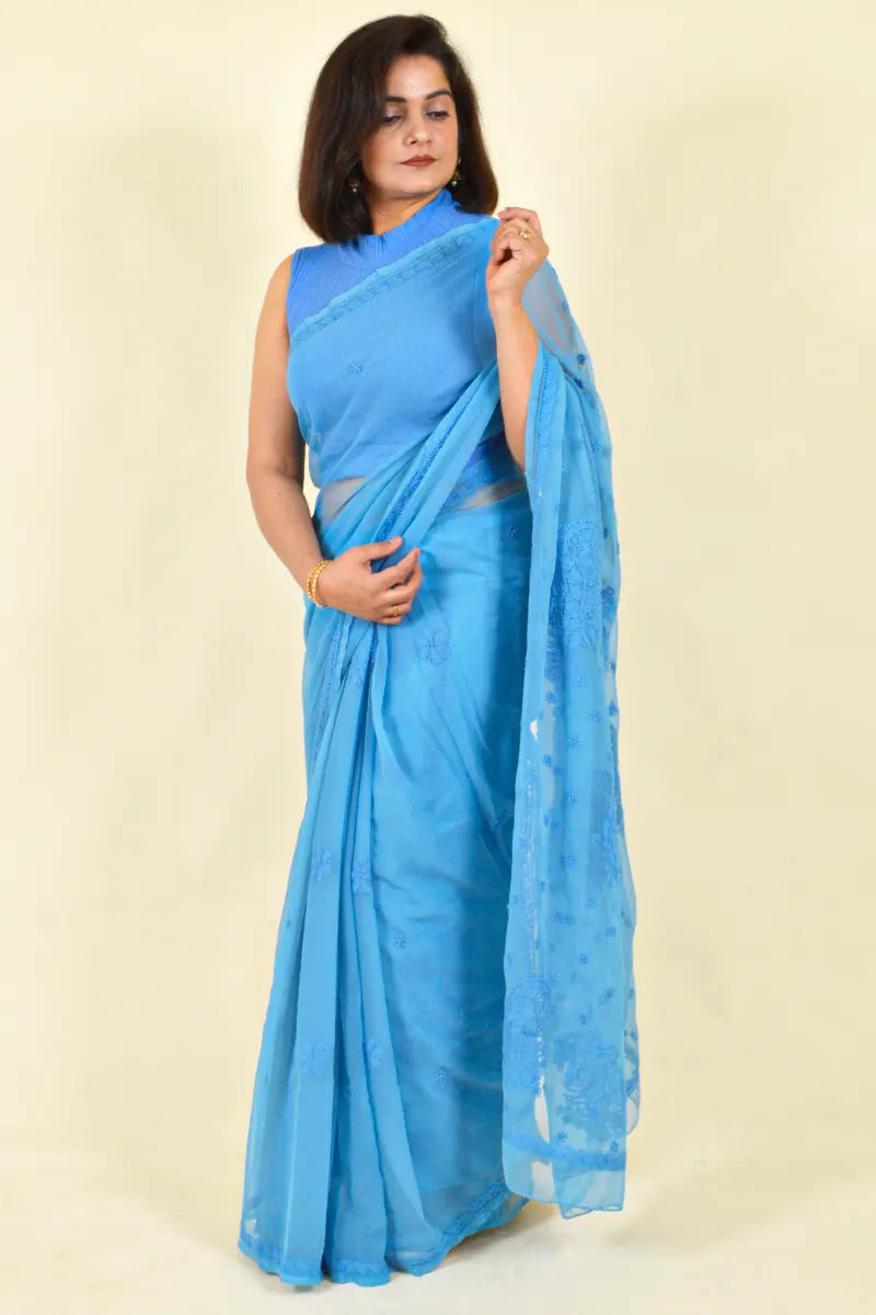 Turquoise Blue Colour Georgette Lucknowi Chikankari Saree With Blouse