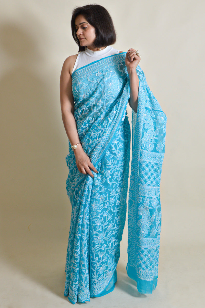 Turquoise Blue  Colour Georgette Lucknowi Chikankari Saree with Blouse