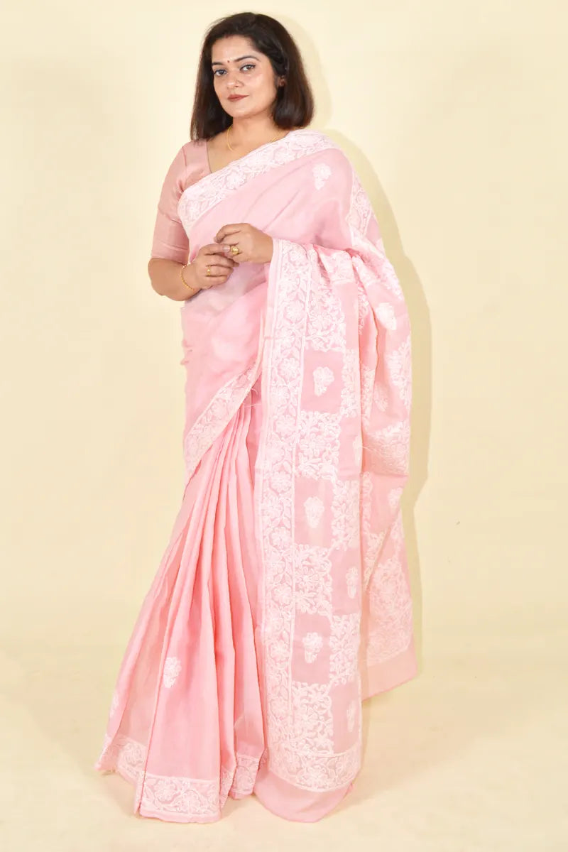 Peach Colour Cotton  Lucknowi Chikankari Saree With Blouse