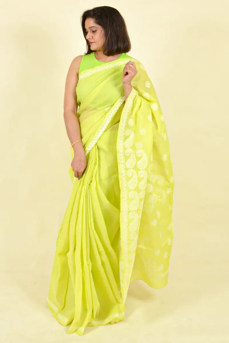 Lemon Green Colour Cotton Lucknowi Chikankari Saree With Blouse