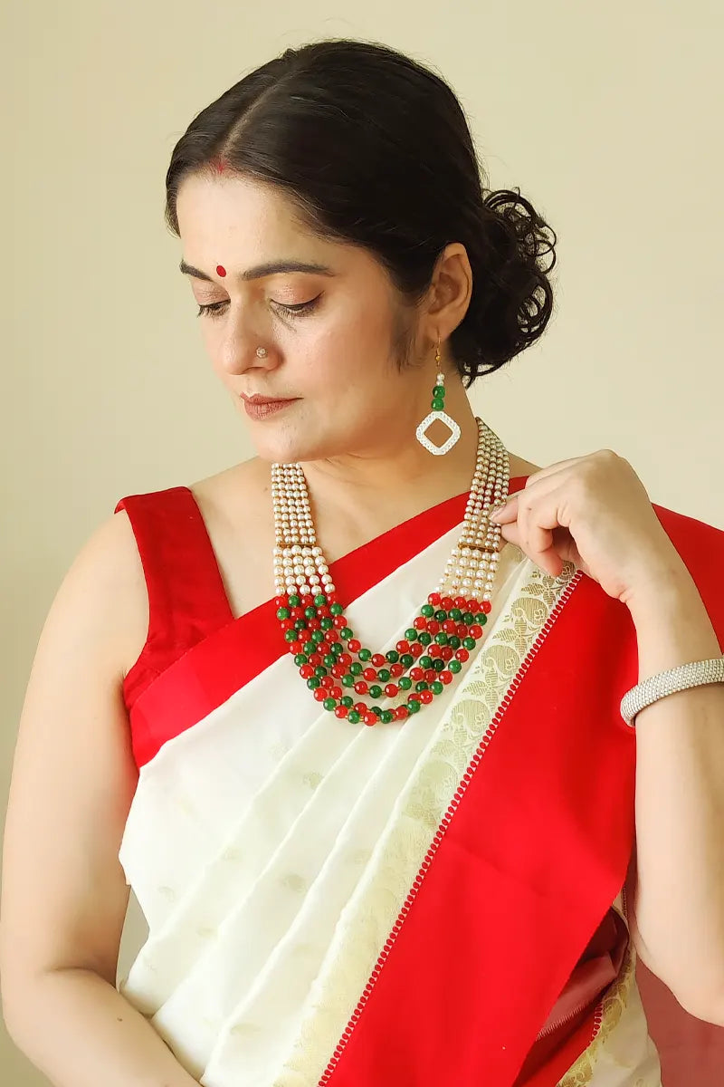 White & Red Green Color Pearl Layer Neckpiece With Dangle Earrings