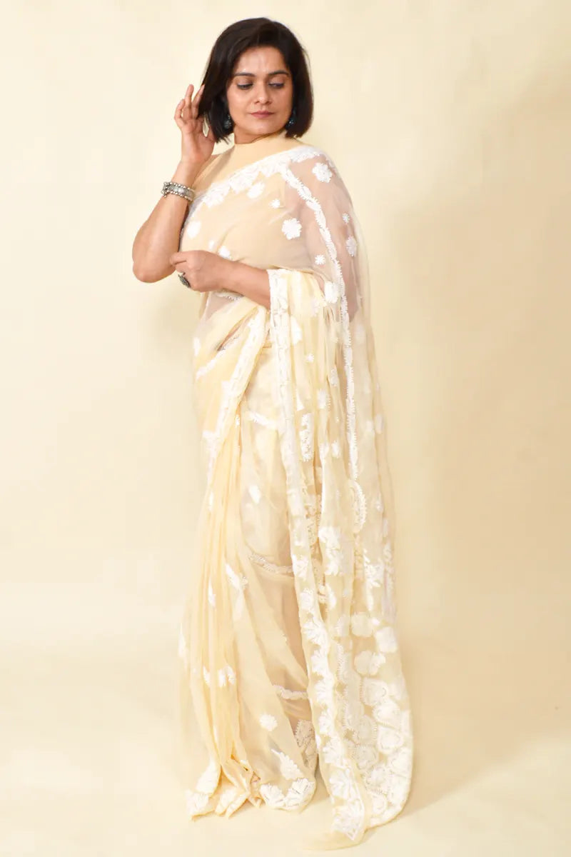 Fawn Colour Georgette Lucknowi Chikankari Saree With Blouse