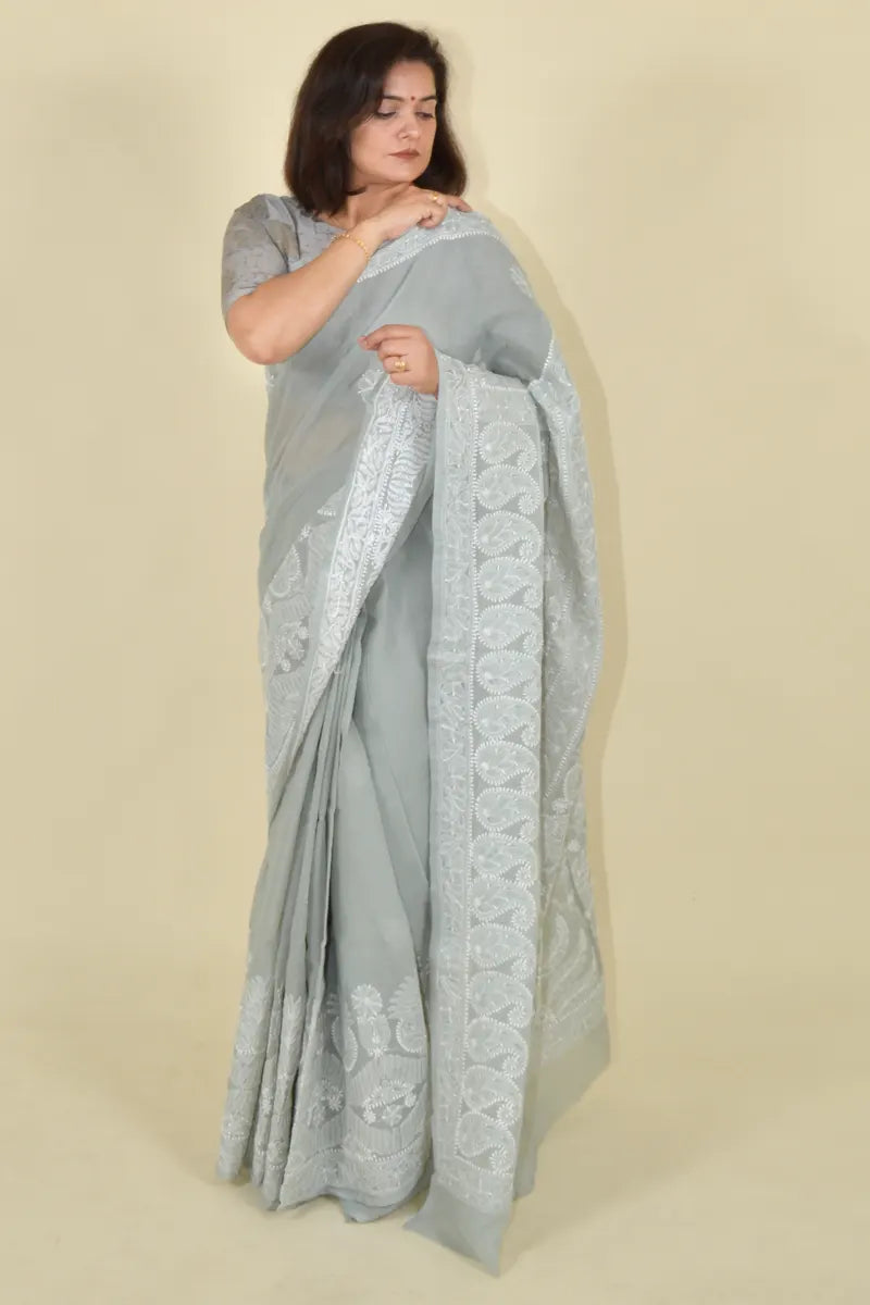 Gray Colour Cotton Lucknowi Chikankari Saree With Blouse